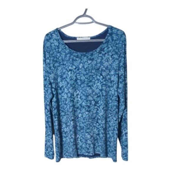 Peruvian Connection Nimes Tapestry Tee Blue Floral Scoop Neck Sz XL Pima Cotton - Picture 1 of 5